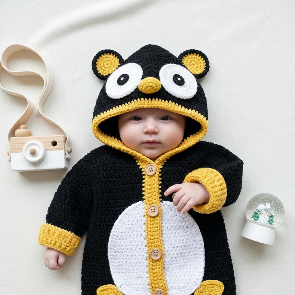 Crochet Penguin Baby Romper, Handmade Hooded Costume, Newborn Photo Prop, Baby’s First Halloween Outfit, Winter Baby Gift