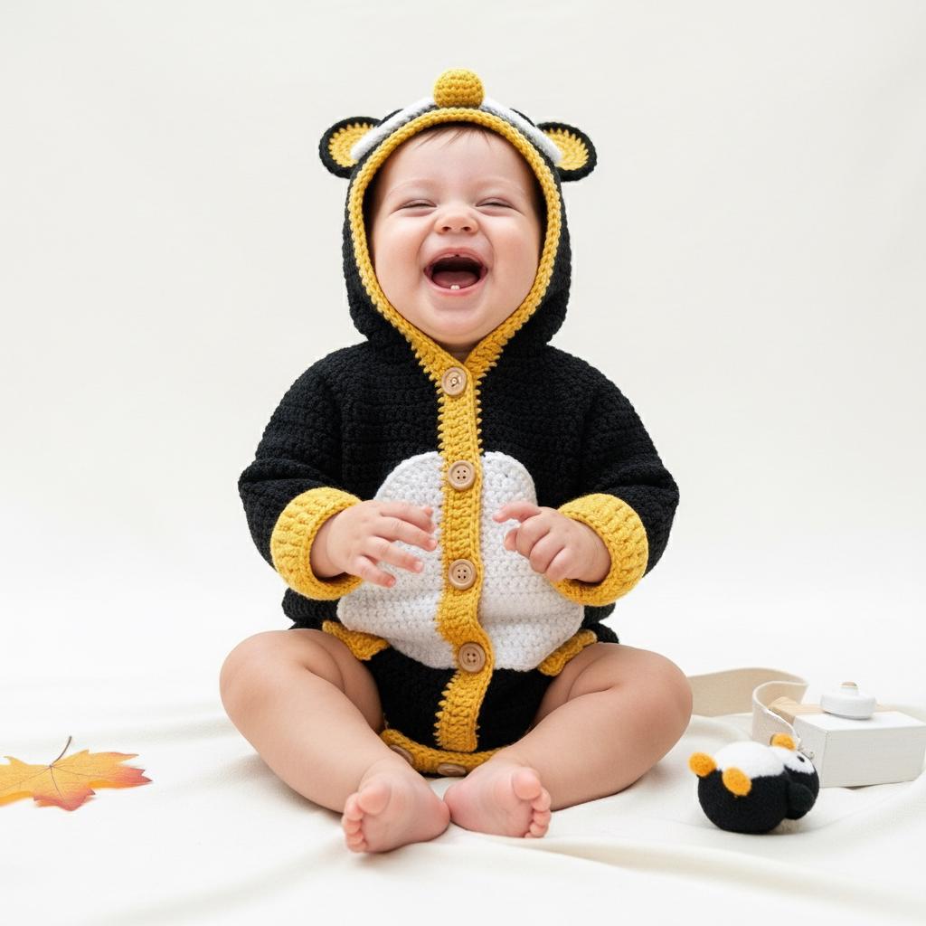 Crochet Penguin Baby Romper, Handmade Hooded Costume, Newborn Photo Prop, Baby’s First Halloween Outfit, Winter Baby Gift