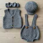 Crochet Baby Outfit, Newsboy Cap, Vest, Suspender Bloomers and Bow Headband, Newborn Photo Prop, Coming Home Outfit, Baby Shower Gift