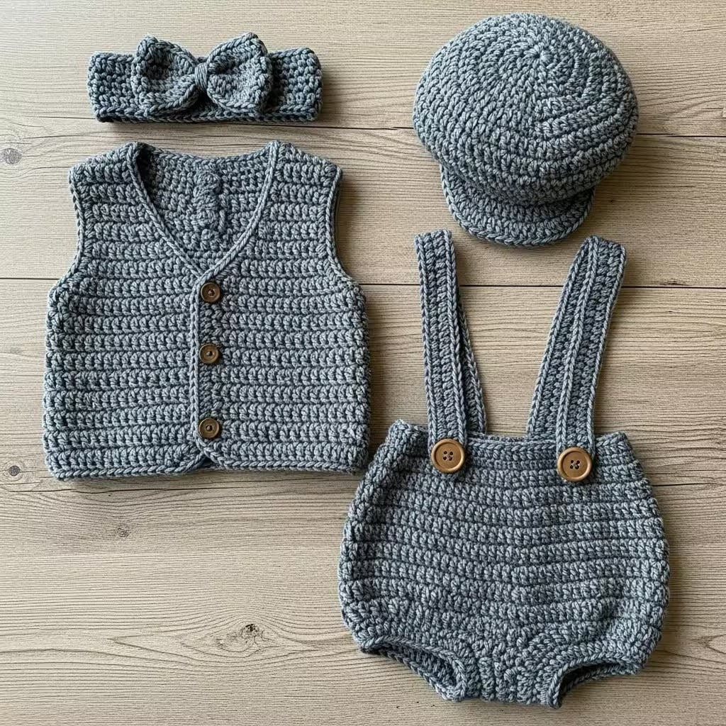 Crochet Baby Outfit, Newsboy Cap, Vest, Suspender Bloomers and Bow Headband, Newborn Photo Prop, Coming Home Outfit, Baby Shower Gift