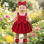 Handmade Crochet Christmas Baby Dress, Red Newborn Outfit with Bow Headband & Booties, Baby’s First Christmas Photo Prop Gift