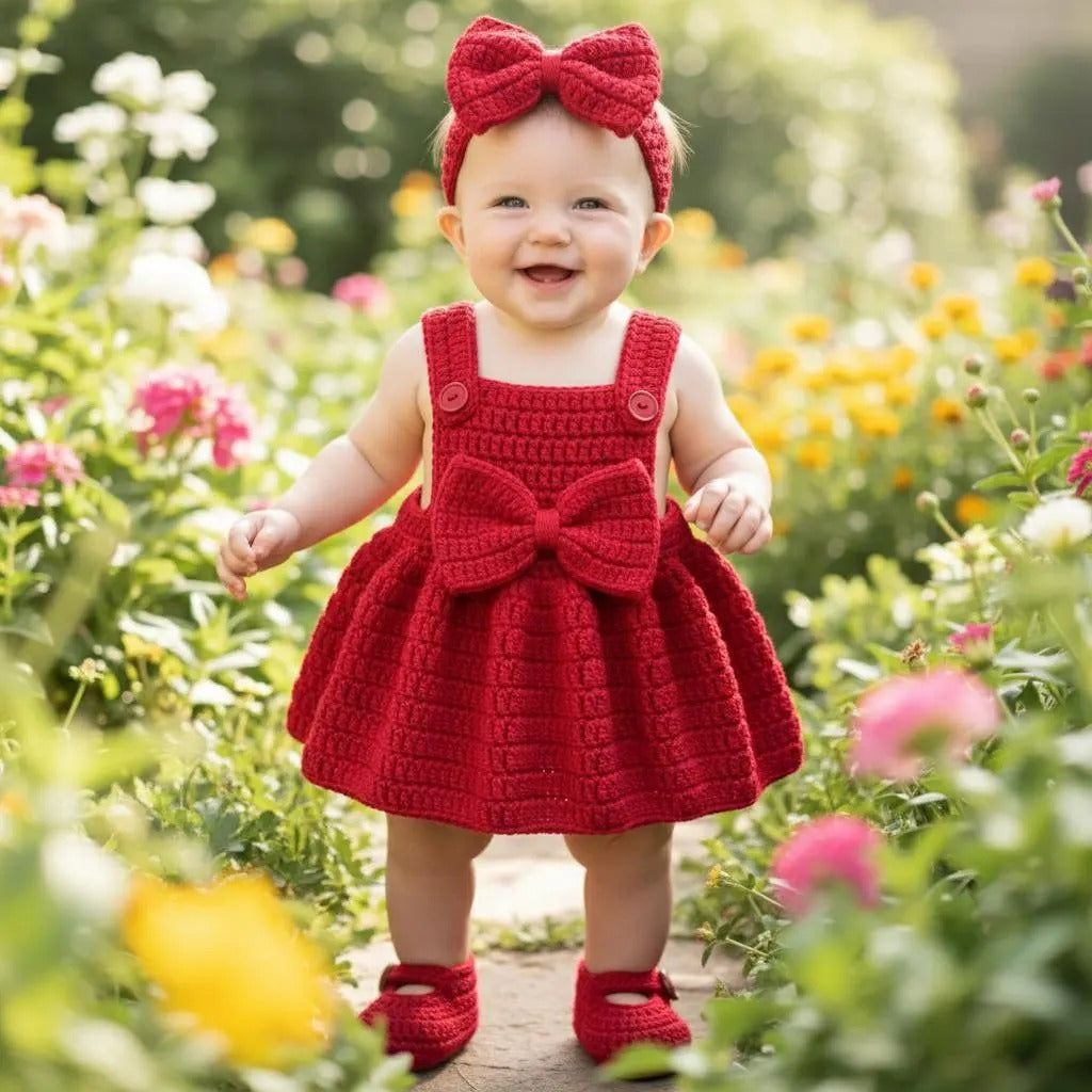 Handmade Crochet Christmas Baby Dress, Red Newborn Outfit with Bow Headband & Booties, Baby’s First Christmas Photo Prop Gift