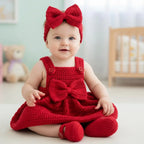 Handmade Crochet Christmas Baby Dress, Red Newborn Outfit with Bow Headband & Booties, Baby’s First Christmas Photo Prop Gift