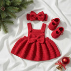 Handmade Crochet Christmas Baby Dress, Red Newborn Outfit with Bow Headband & Booties, Baby’s First Christmas Photo Prop Gift