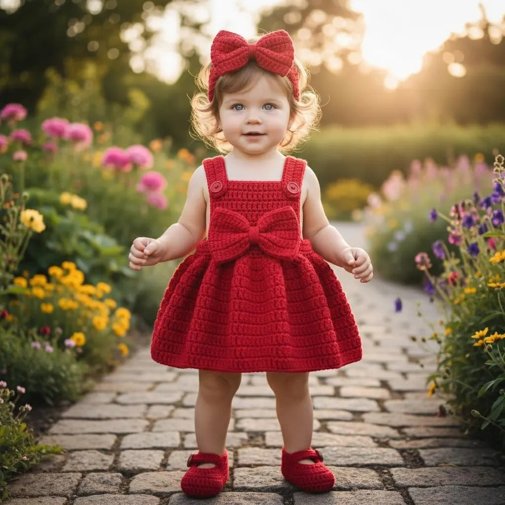 Handmade Crochet Christmas Baby Dress, Red Newborn Outfit with Bow Headband & Booties, Baby’s First Christmas Photo Prop Gift