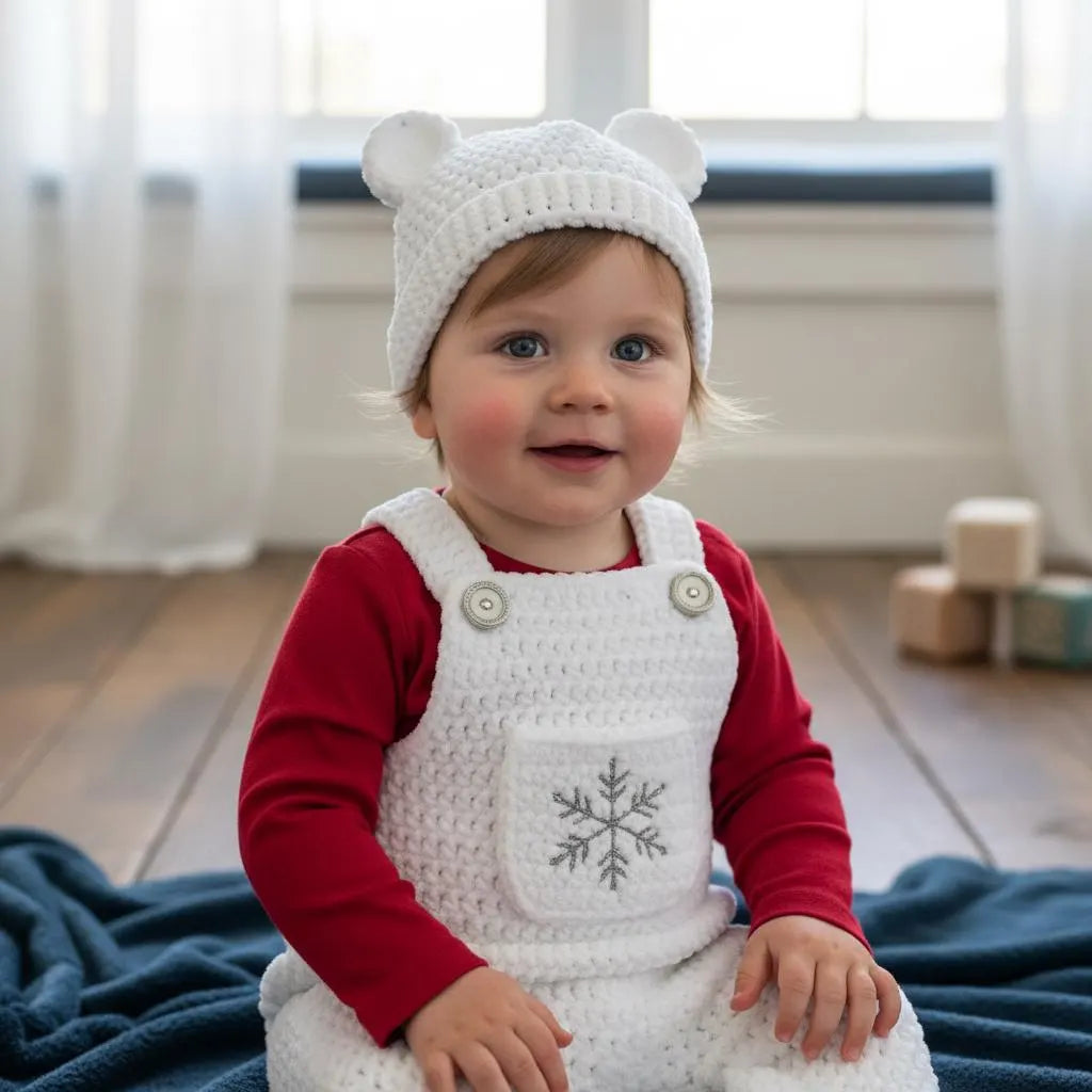 Crochet Baby Christmas Outfit, White Snowflake Overalls and Bear Ear Hat, Newborn Photo Prop, Winter Baby Outfit, First Christmas Gift