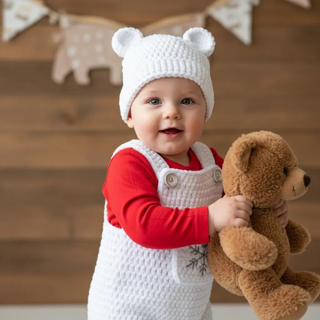Crochet Baby Christmas Outfit, White Snowflake Overalls and Bear Ear Hat, Newborn Photo Prop, Winter Baby Outfit, First Christmas Gift