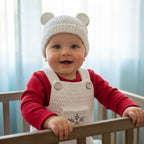 Crochet Baby Christmas Outfit, White Snowflake Overalls and Bear Ear Hat, Newborn Photo Prop, Winter Baby Outfit, First Christmas Gift