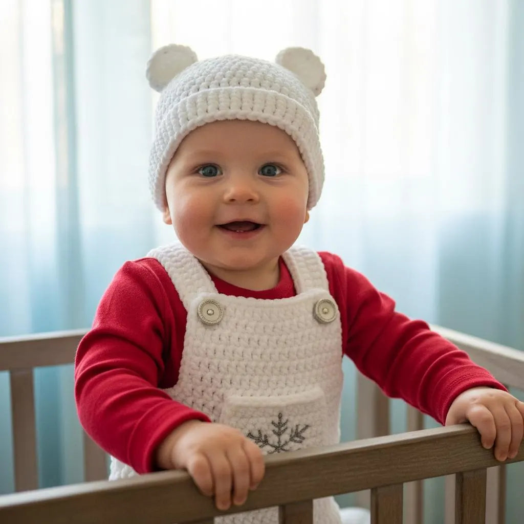 Crochet Baby Christmas Outfit, White Snowflake Overalls and Bear Ear Hat, Newborn Photo Prop, Winter Baby Outfit, First Christmas Gift