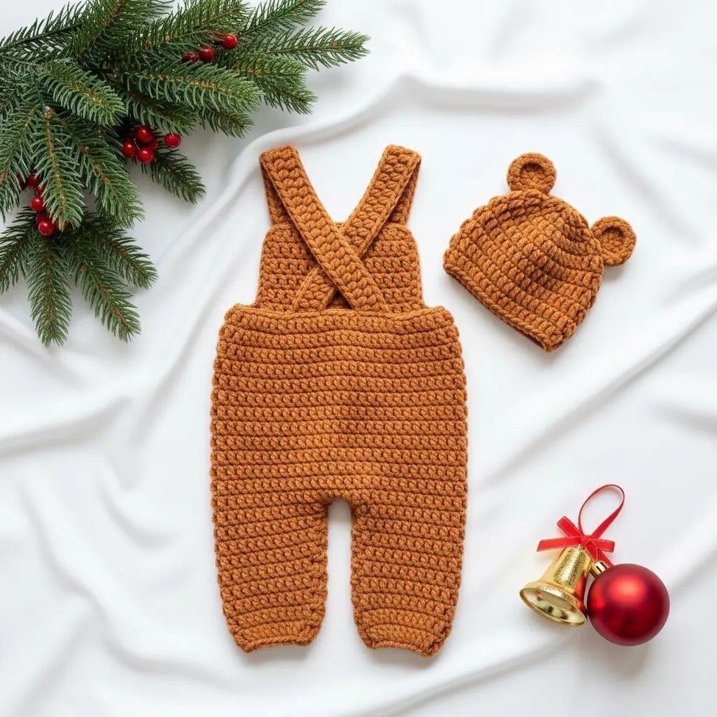 Handmade Crochet Teddy Bear Baby Outfit, Brown Overalls & Bear Ear Hat Set, Newborn Photo Prop, Coming Home Outfit, Baby Shower Gift
