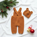 Handmade Crochet Teddy Bear Baby Outfit, Brown Overalls & Bear Ear Hat Set, Newborn Photo Prop, Coming Home Outfit, Baby Shower Gift