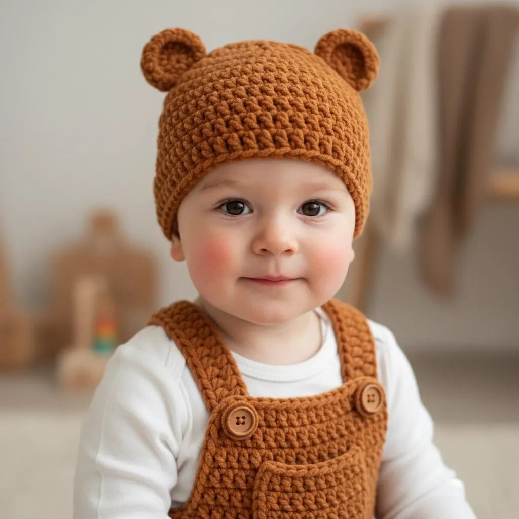 Handmade Crochet Teddy Bear Baby Outfit, Brown Overalls & Bear Ear Hat Set, Newborn Photo Prop, Coming Home Outfit, Baby Shower Gift