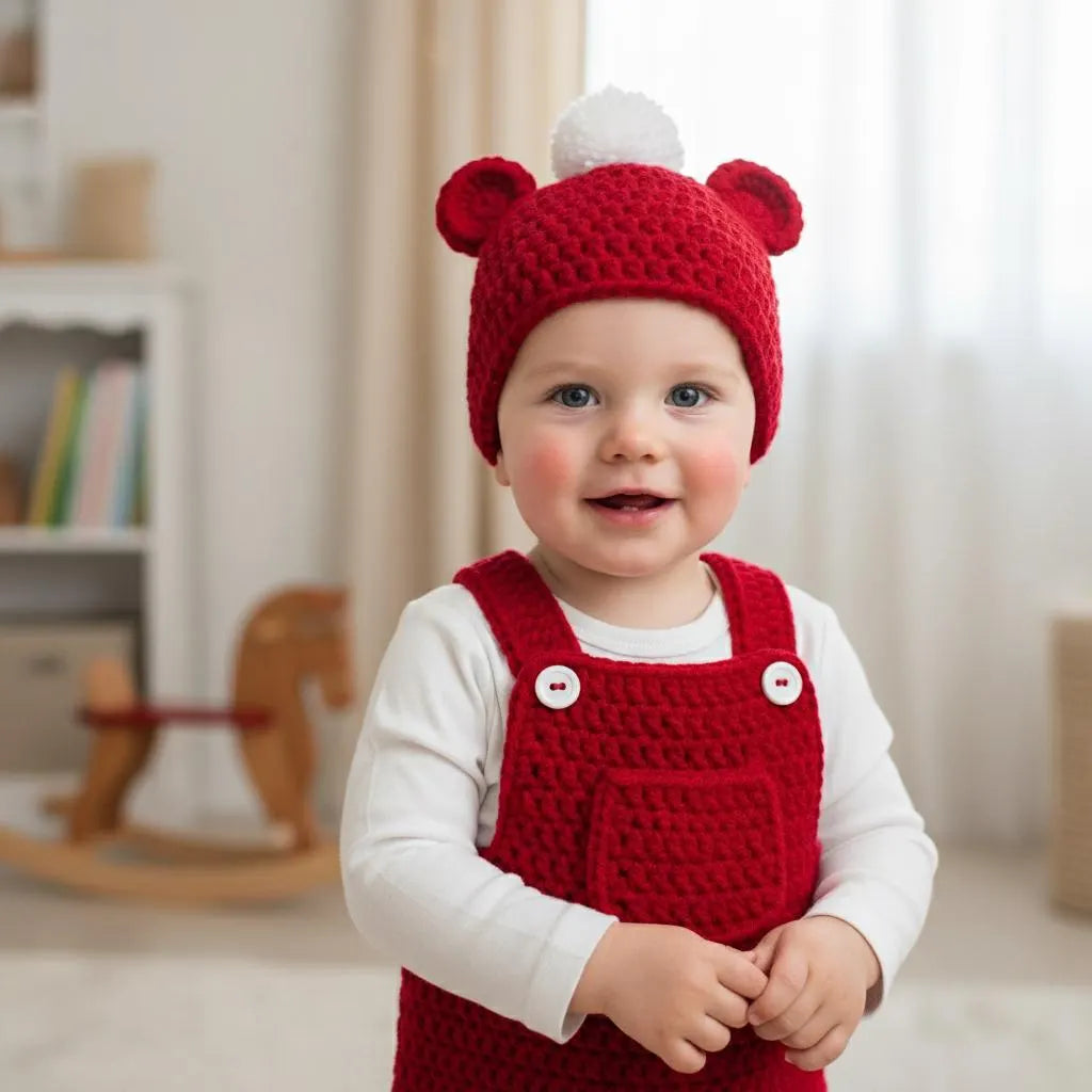 Handmade Crochet Christmas Baby Outfit, Red Overalls & Bear Ear Pompom Hat Set, Newborn Photo Prop, Baby’s First Christmas Gift