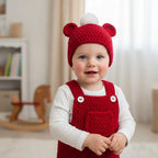 Handmade Crochet Christmas Baby Outfit, Red Overalls & Bear Ear Pompom Hat Set, Newborn Photo Prop, Baby’s First Christmas Gift