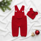 Handmade Crochet Christmas Baby Outfit, Red Overalls & Bear Ear Pompom Hat Set, Newborn Photo Prop, Baby’s First Christmas Gift