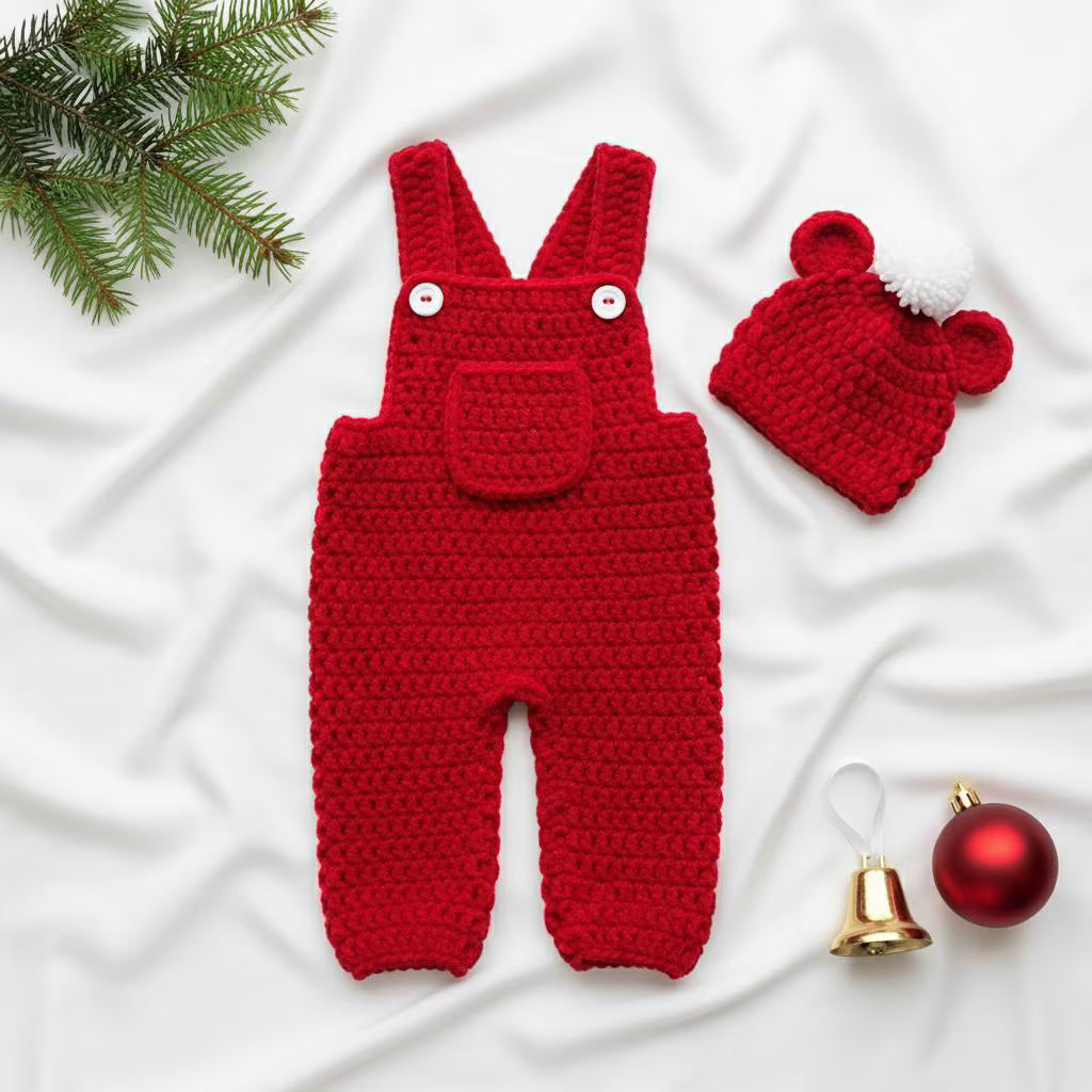 Handmade Crochet Christmas Baby Outfit, Red Overalls & Bear Ear Pompom Hat Set, Newborn Photo Prop, Baby’s First Christmas Gift