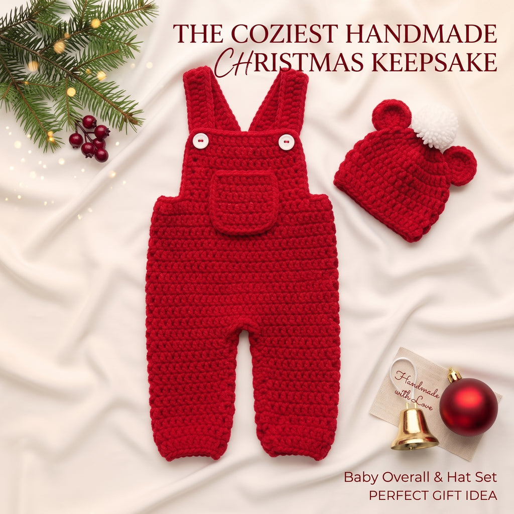 Handmade Crochet Christmas Baby Outfit, Red Overalls & Bear Ear Pompom Hat Set, Newborn Photo Prop, Baby’s First Christmas Gift