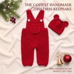 Handmade Crochet Christmas Baby Outfit, Red Overalls & Bear Ear Pompom Hat Set, Newborn Photo Prop, Baby’s First Christmas Gift