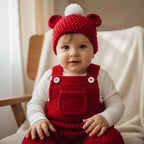 Handmade Crochet Christmas Baby Outfit, Red Overalls & Bear Ear Pompom Hat Set, Newborn Photo Prop, Baby’s First Christmas Gift