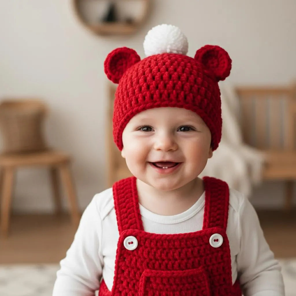 Handmade Crochet Christmas Baby Outfit, Red Overalls & Bear Ear Pompom Hat Set, Newborn Photo Prop, Baby’s First Christmas Gift