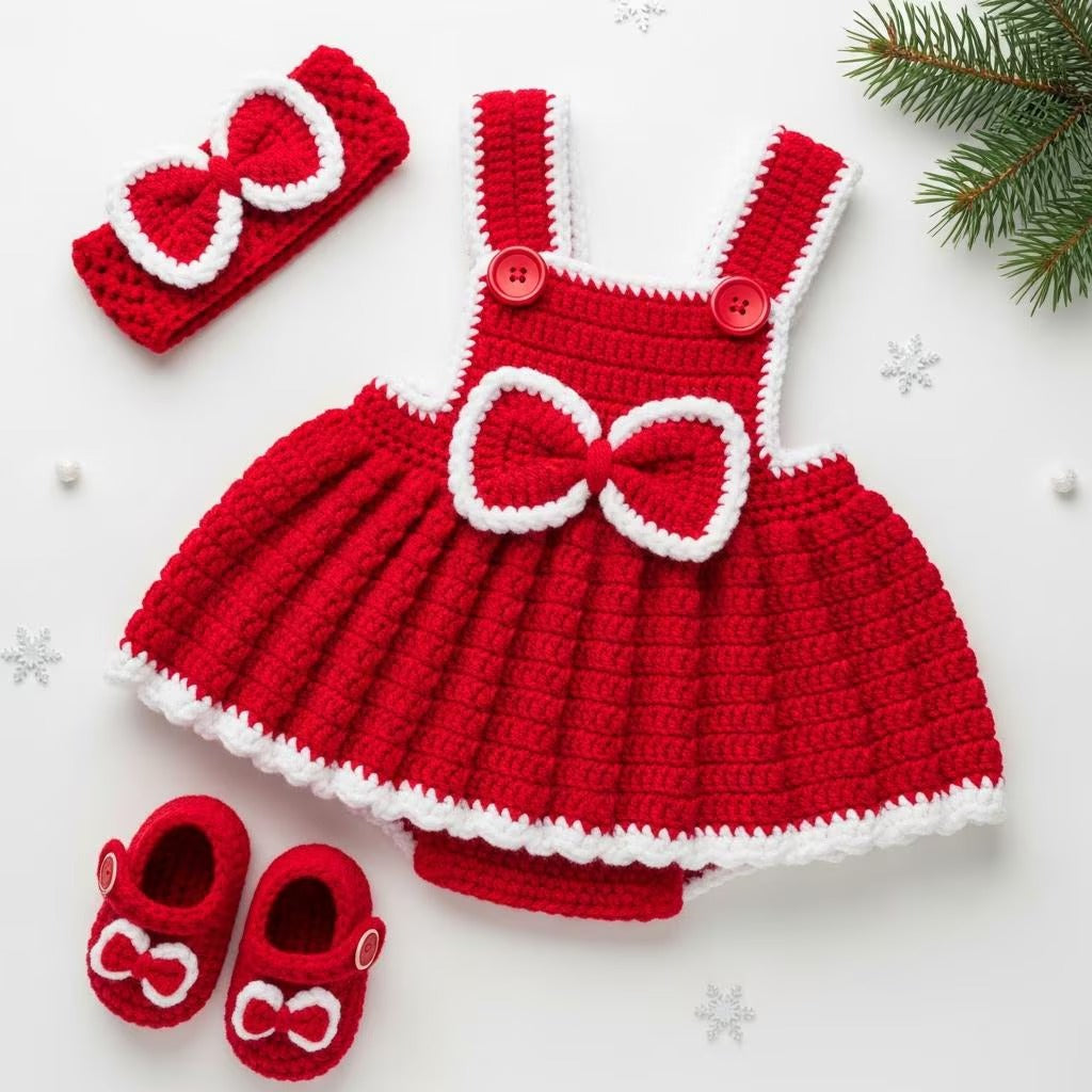 Crochet Christmas Baby Outfit, Red Baby Girl Dress Set with Headband and Booties, Newborn Photo Prop, First Christmas Gift
