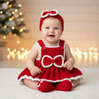 Crochet Christmas Baby Outfit, Red Baby Girl Dress Set with Headband and Booties, Newborn Photo Prop, First Christmas Gift