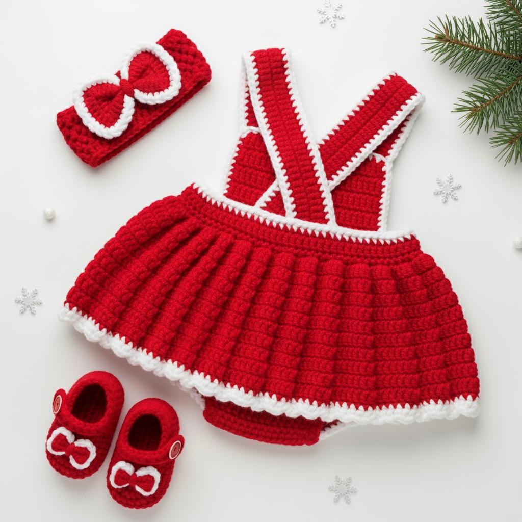 Crochet Christmas Baby Outfit, Red Baby Girl Dress Set with Headband and Booties, Newborn Photo Prop, First Christmas Gift