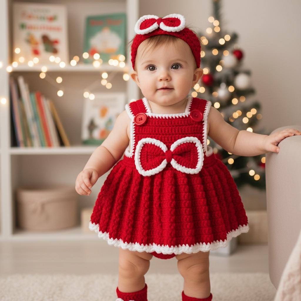 Crochet Christmas Baby Outfit, Red Baby Girl Dress Set with Headband and Booties, Newborn Photo Prop, First Christmas Gift