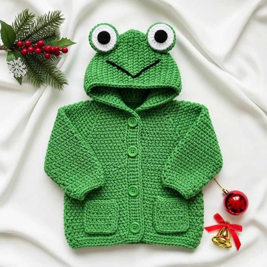 Adorable Crochet Frog Baby Outfit, Handmade Hooded Cardigan Sweater, Newborn Photo Prop, Halloween Costume, Baby Shower Gift