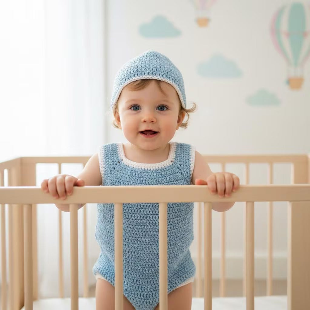 Handmade Crochet Baby Romper & Booties Set, Blue Newborn Coming Home Outfit, Baby Boy Photo Prop, Baby Shower Gift