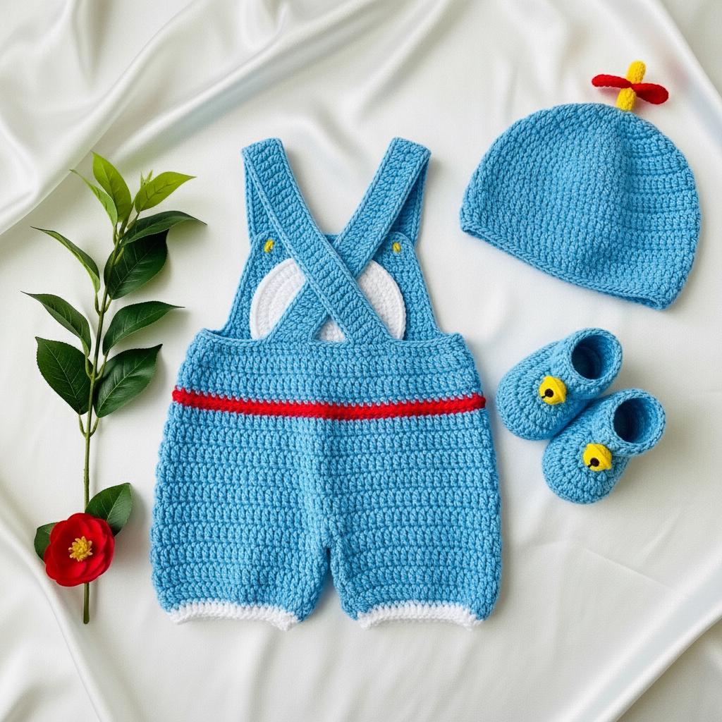 Crochet Blue Robot Cat Baby Outfit, Romper, Hat and Booties Set, Newborn Photo Prop, Anime Baby Costume, Baby Shower Gift