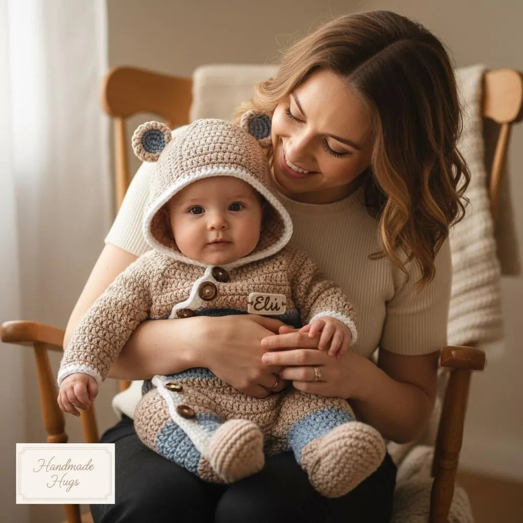 Crochet Bear Baby Romper, Personalized Hooded Newborn Outfit, Baby Coming Home Outfit, Newborn Photo Prop, Baby Shower Gift