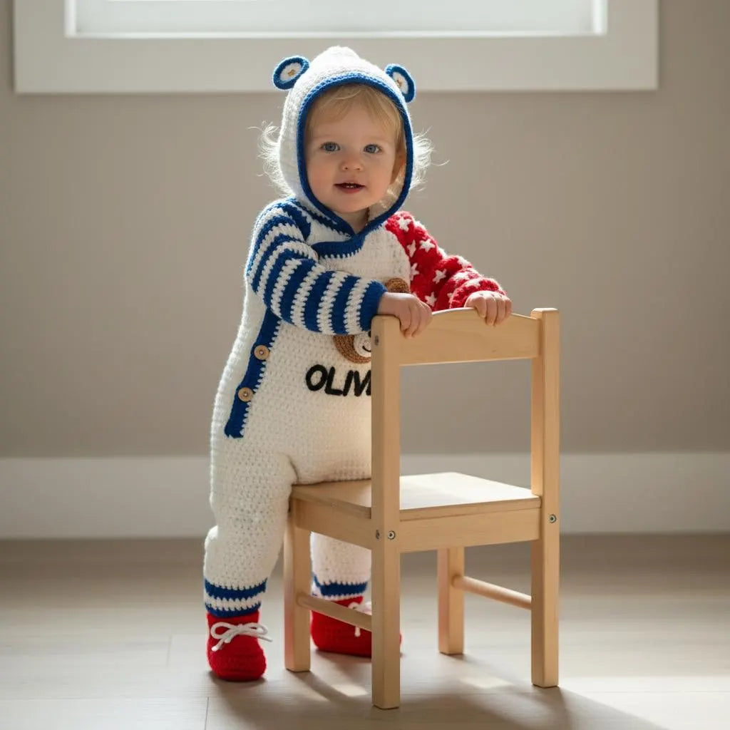 Personalized 4th of July Baby Outfit, Crochet American Flag Romper with Shark Hood, Newborn Photo Prop, First Fourth of July Gift