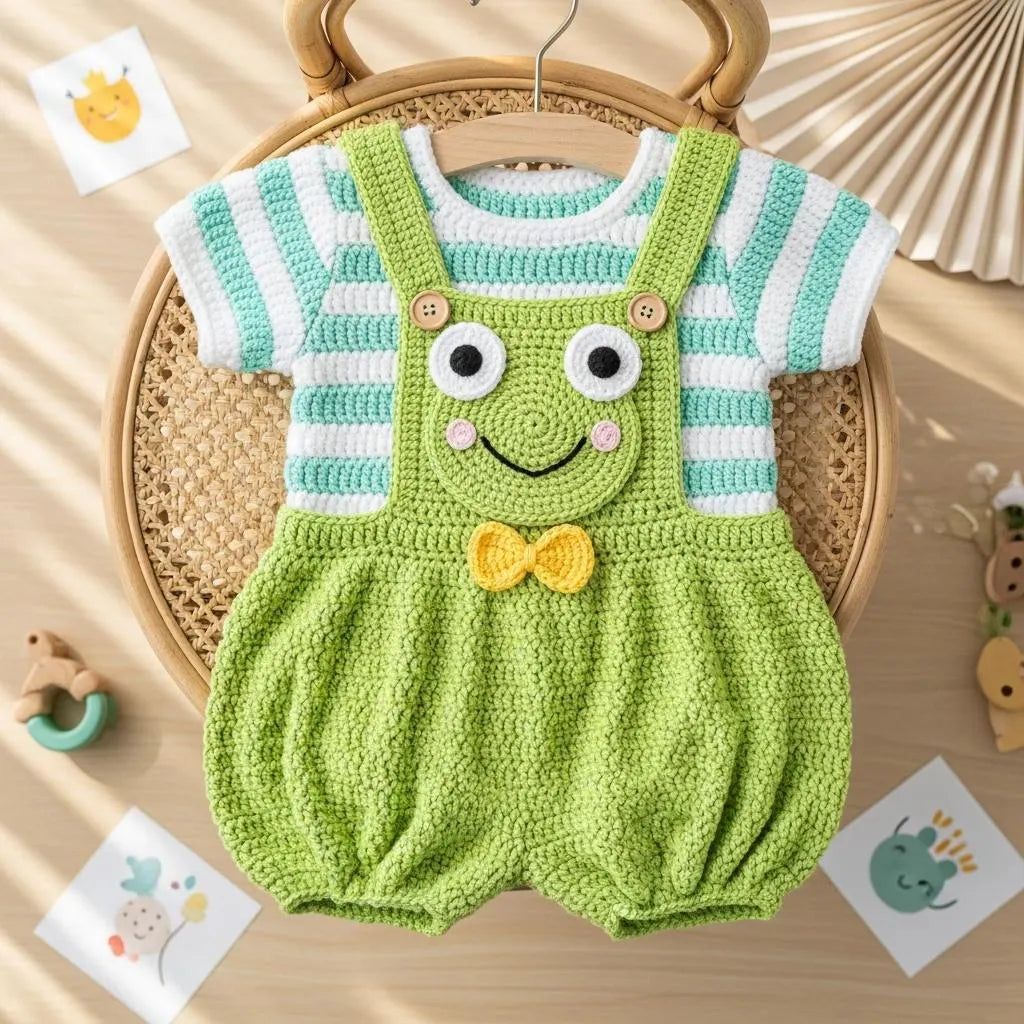 Crochet Frog Baby Outfit, Green Frog Romper and Striped Shirt, Newborn Photo Prop, Coming Home Outfit, Baby Shower Gift