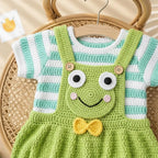 Crochet Frog Baby Outfit, Green Frog Romper and Striped Shirt, Newborn Photo Prop, Coming Home Outfit, Baby Shower Gift