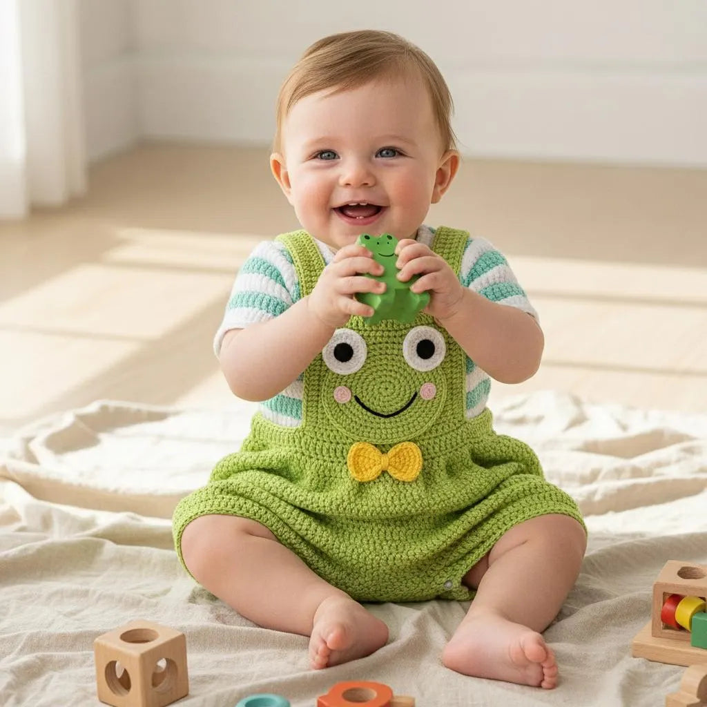 Crochet Frog Baby Outfit, Green Frog Romper and Striped Shirt, Newborn Photo Prop, Coming Home Outfit, Baby Shower Gift