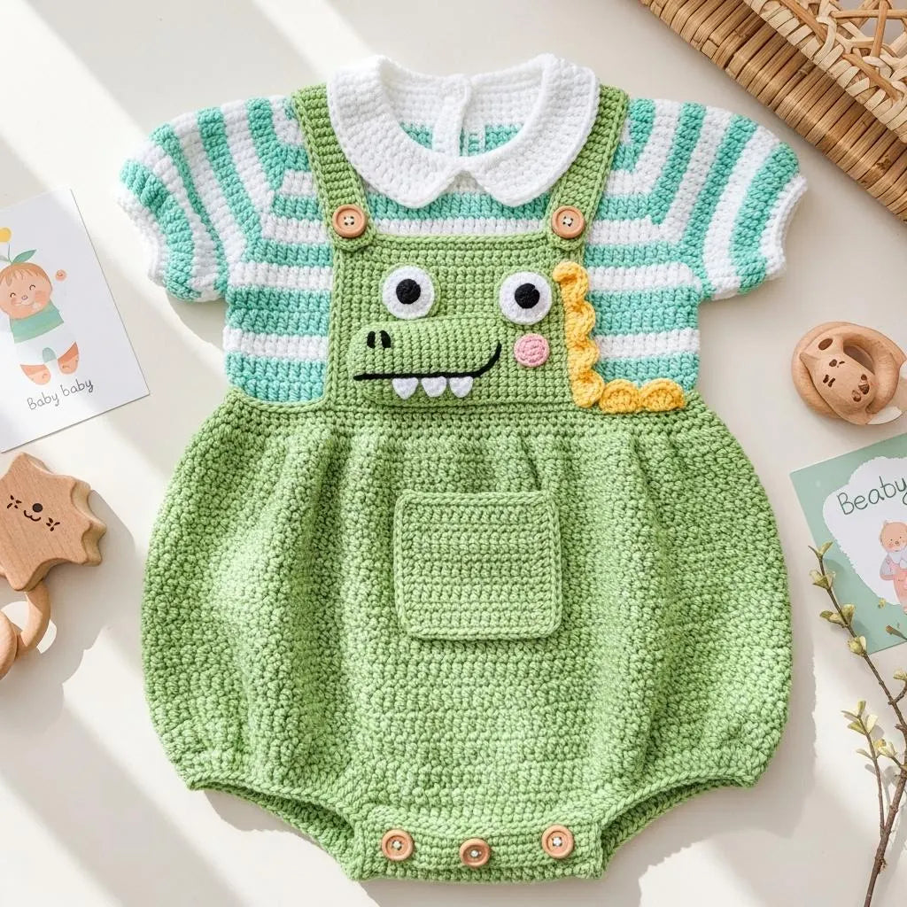 Crochet Dinosaur Baby Outfit, Handmade Green Dino Romper and Striped Shirt, Newborn Photo Prop, Coming Home Outfit, Baby Shower Gift