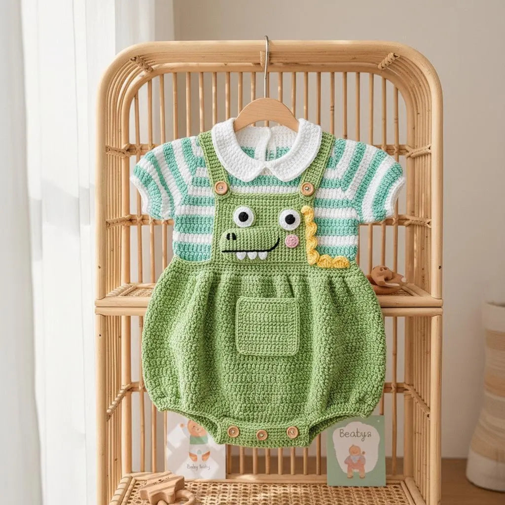 Crochet Dinosaur Baby Outfit, Handmade Green Dino Romper and Striped Shirt, Newborn Photo Prop, Coming Home Outfit, Baby Shower Gift