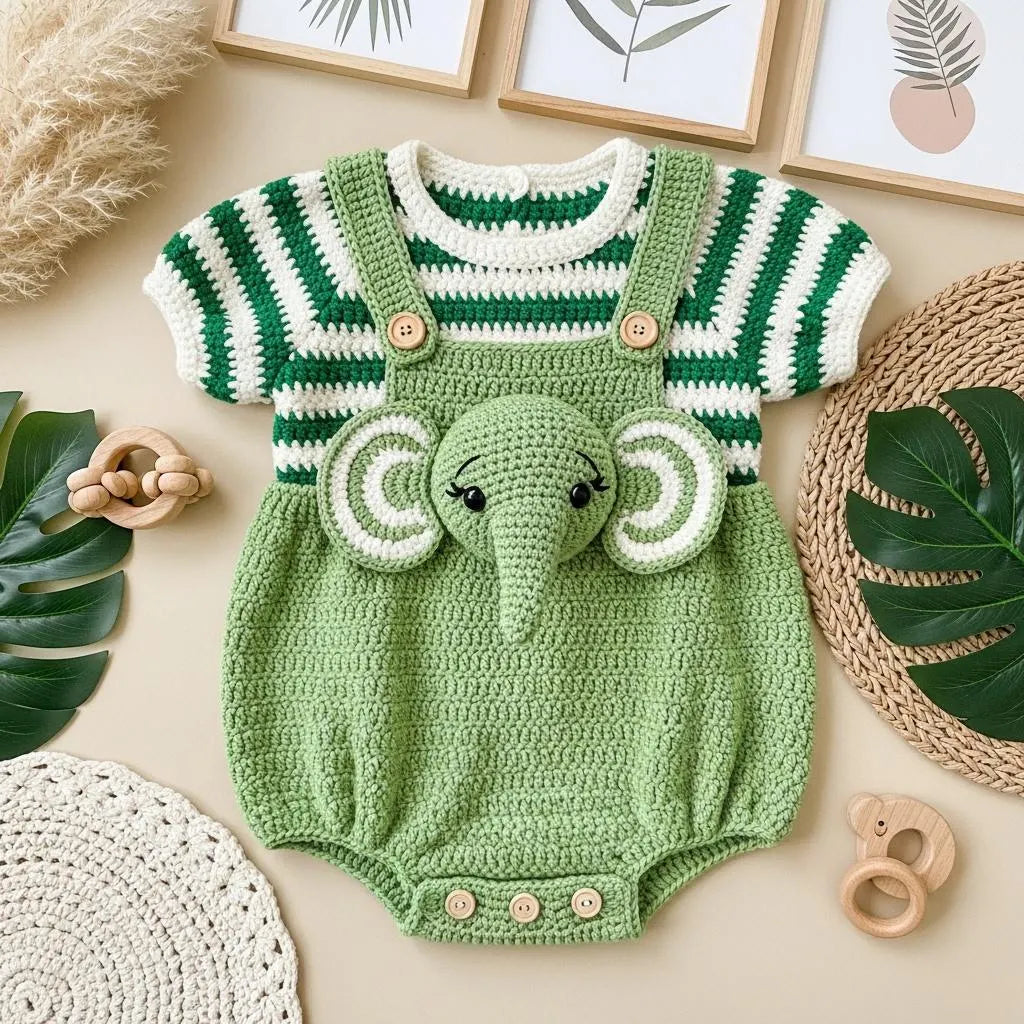 Crochet Elephant Baby Outfit, Handmade Green Romper and Striped Shirt, Newborn Photo Prop, Coming Home Outfit, Baby Shower Gift