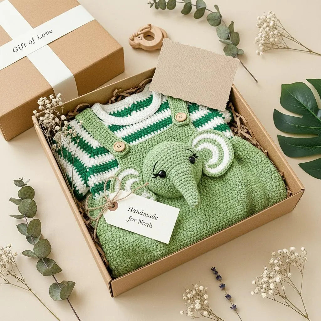 Crochet Elephant Baby Outfit, Handmade Green Romper and Striped Shirt, Newborn Photo Prop, Coming Home Outfit, Baby Shower Gift