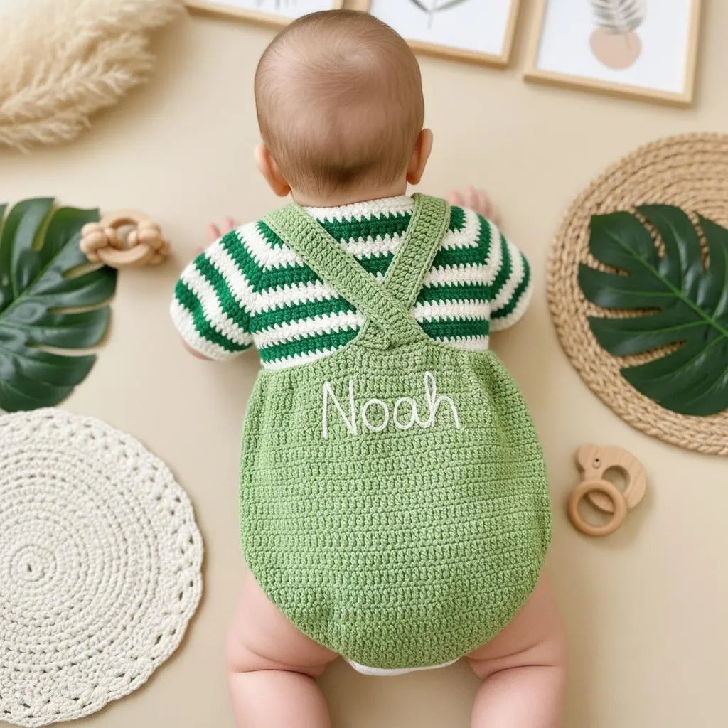 Crochet Elephant Baby Outfit, Handmade Green Romper and Striped Shirt, Newborn Photo Prop, Coming Home Outfit, Baby Shower Gift