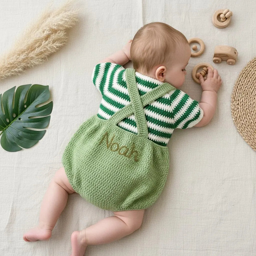 Crochet Elephant Baby Outfit, Handmade Green Romper and Striped Shirt, Newborn Photo Prop, Coming Home Outfit, Baby Shower Gift