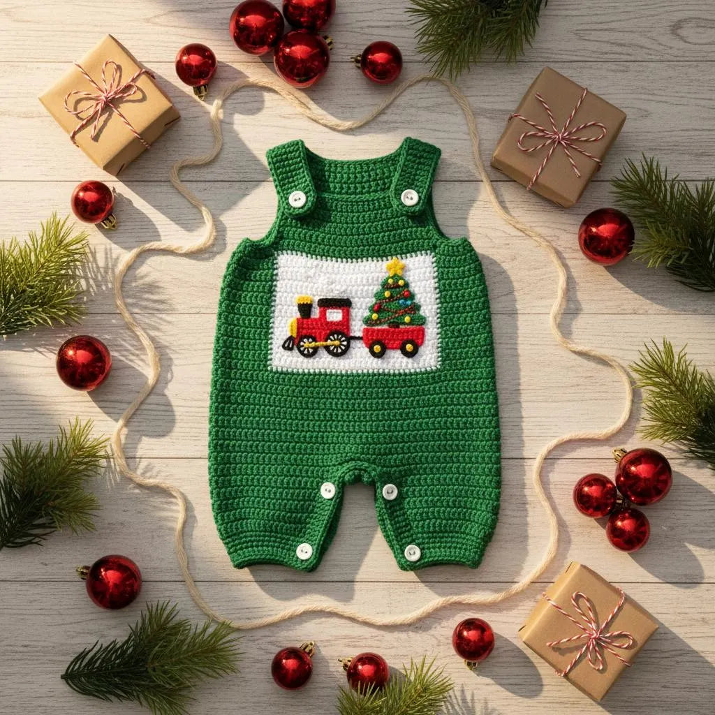 Crochet Christmas Baby Romper, Handmade Train Overalls, Newborn Holiday Outfit, First Christmas Photo Prop, Baby Shower Gift