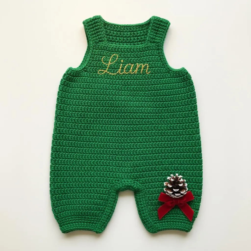 Crochet Christmas Baby Romper, Handmade Train Overalls, Newborn Holiday Outfit, First Christmas Photo Prop, Baby Shower Gift