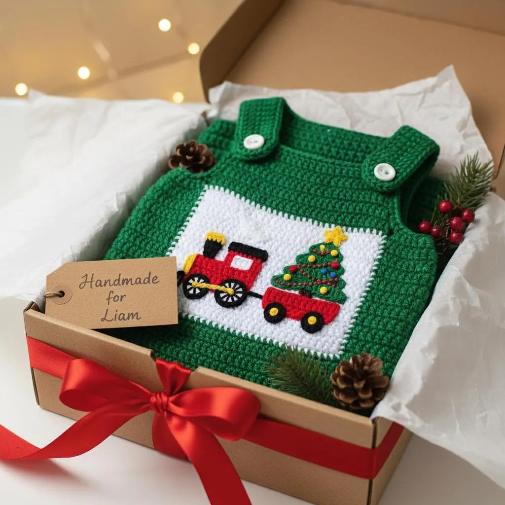 Crochet Christmas Baby Romper, Handmade Train Overalls, Newborn Holiday Outfit, First Christmas Photo Prop, Baby Shower Gift