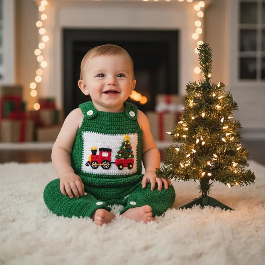 Crochet Christmas Baby Romper, Handmade Train Overalls, Newborn Holiday Outfit, First Christmas Photo Prop, Baby Shower Gift