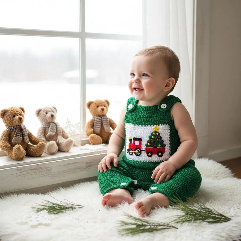 Crochet Christmas Baby Romper, Handmade Train Overalls, Newborn Holiday Outfit, First Christmas Photo Prop, Baby Shower Gift
