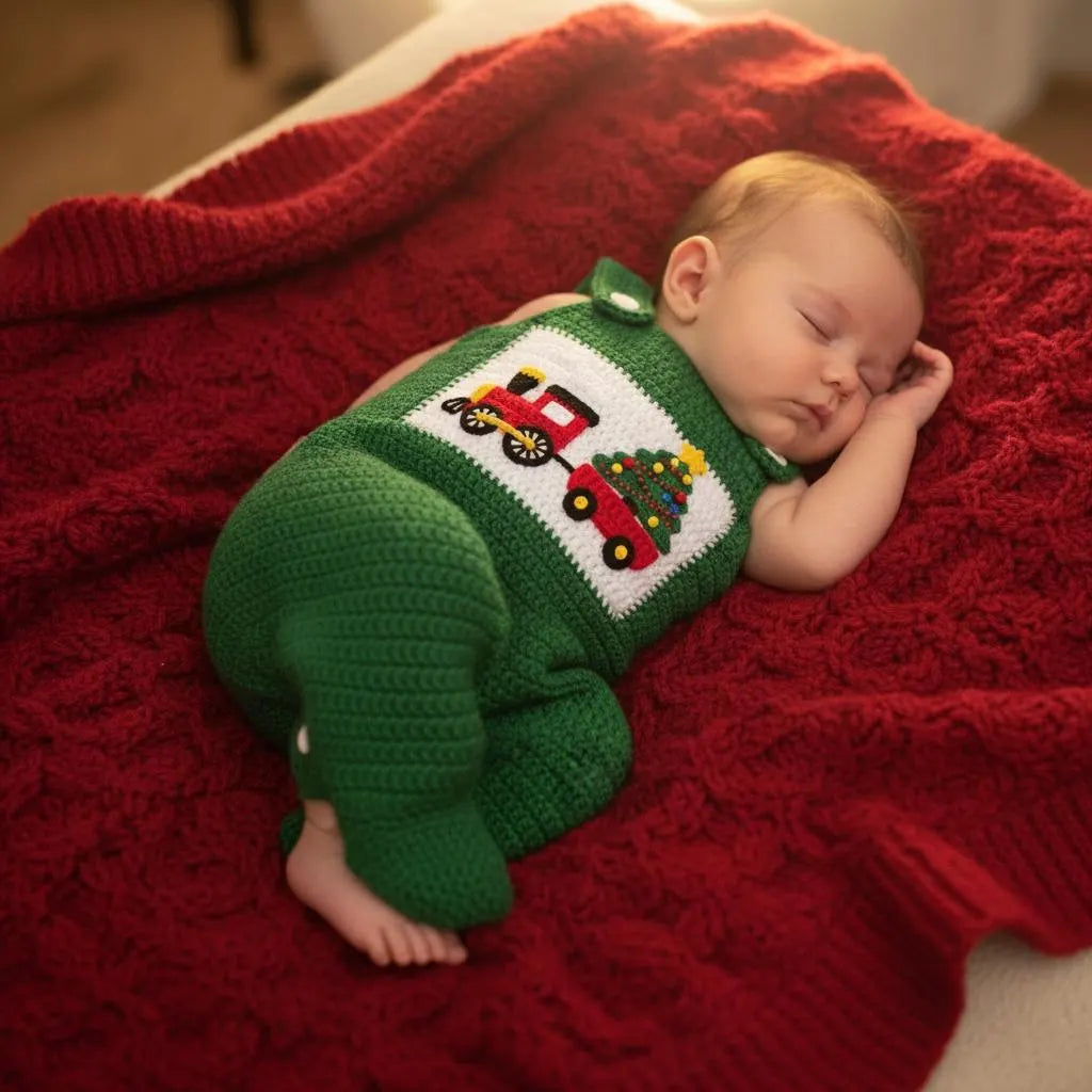 Crochet Christmas Baby Romper, Handmade Train Overalls, Newborn Holiday Outfit, First Christmas Photo Prop, Baby Shower Gift