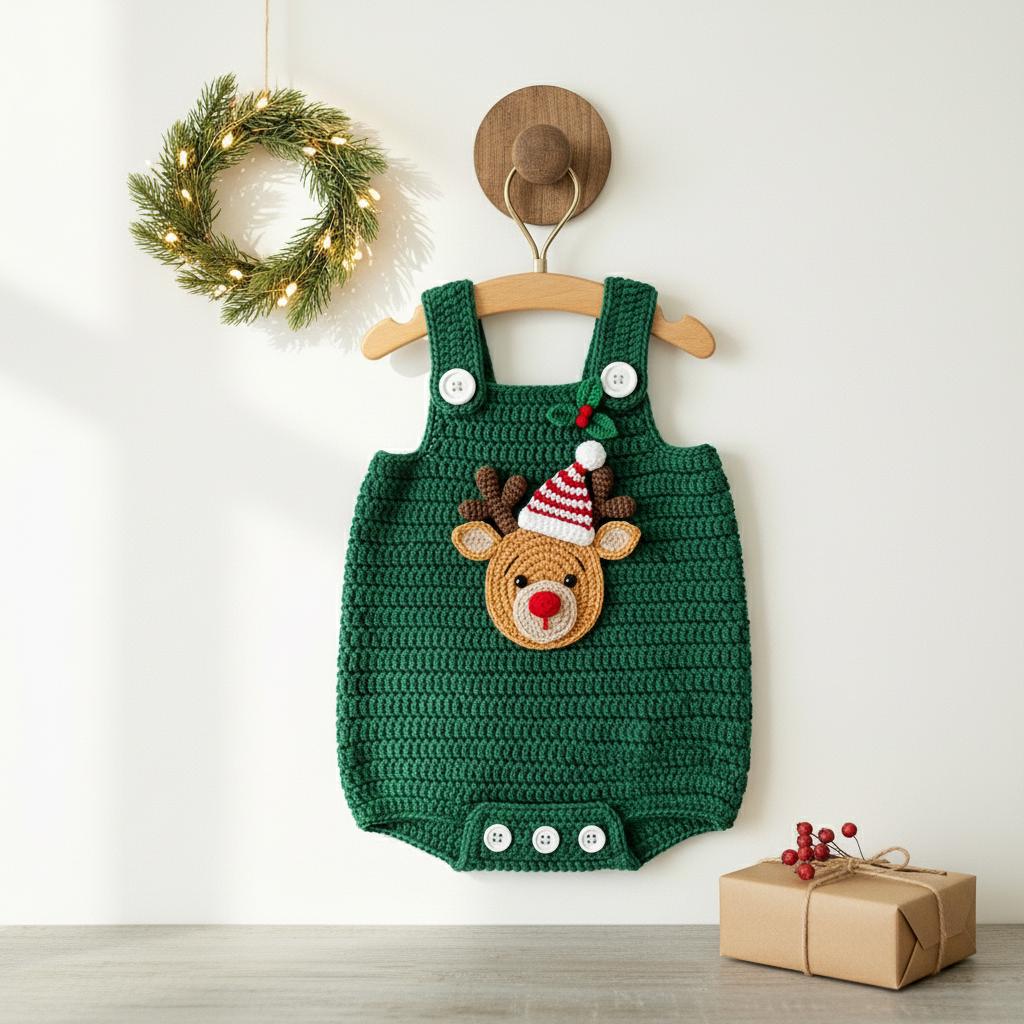 Crochet Baby Christmas Outfit, Reindeer Baby Romper, Handmade Newborn Photo Prop, Baby Boy First Christmas Gift