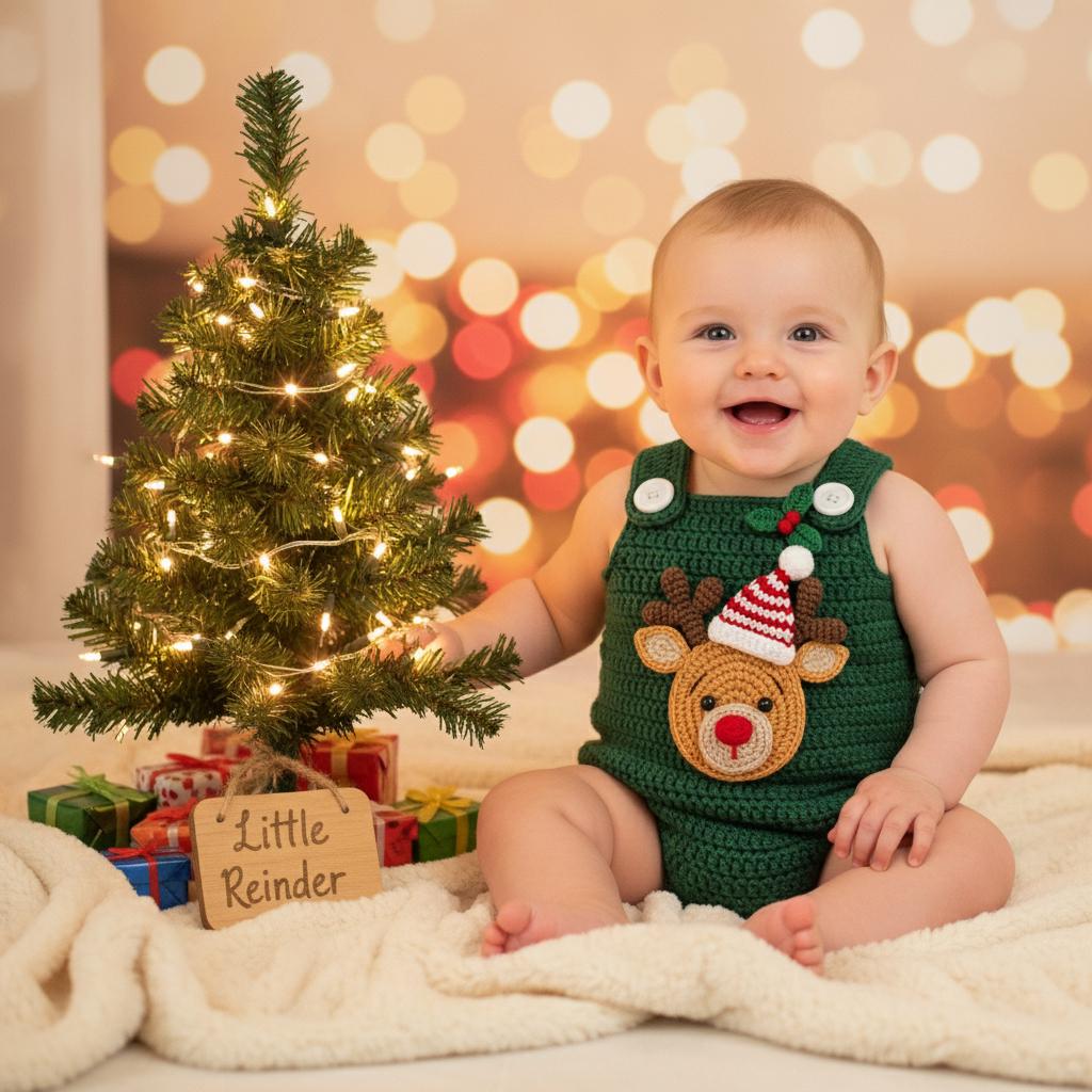 Crochet Baby Christmas Outfit, Reindeer Baby Romper, Handmade Newborn Photo Prop, Baby Boy First Christmas Gift